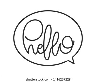 Vector illustration: Handwritten calligraphic line lettering of Hello in speech bubble.