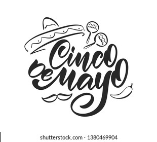 Vector illustration: Handwritten calligraphic type lettering of Cinco De Mayo with hand drawn sombrero, maracas and pepper