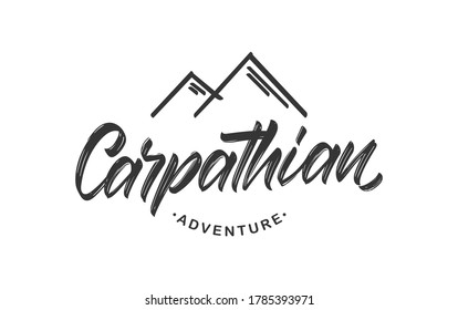 Vector illustration: Handwritten calligraphy lettering of Carpathian Adventure. Mountains badge with peaks.