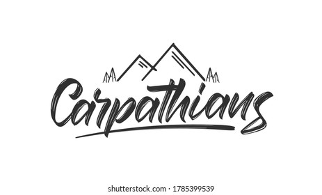 Vector illustration: Handwritten calligraphy lettering of Carpathians. Mountains badge with peaks and trees.