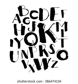 Vector illustration Handwritten calligraphy and lettering grungy font alphabet set of letters. Black and white