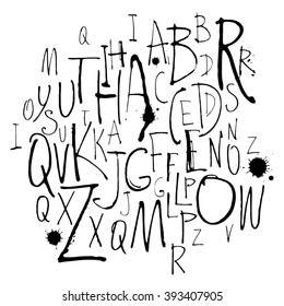 Vector illustration Handwritten calligraphy and lettering alphabet. Black and white