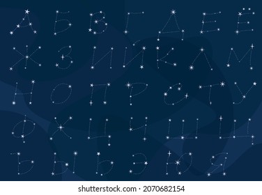 Vector illustration: Handwritten Cyrillic font. Russian alphabet on a background of the night sky. ABC calligraphy. Constellations in the form of the Russian Cyrillic alphabet.	