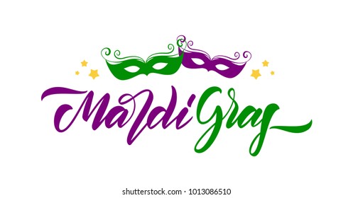 Vector illustration: Handwritten elegant brush type lettering of Mardi Gras with stars and masks