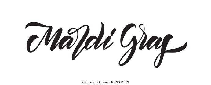 Vector illustration: Handwritten elegant brush type lettering of Mardi Gras on white background