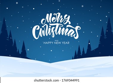 Vector illustration: Handwritten elegant lettering of Merry Christmas on blue night winter background.