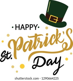 Vector illustration: Handwritten elegant modern brush lettering composition of Happy St. Patrick's Day on white background with illustration of a green hat of a leprechaun.