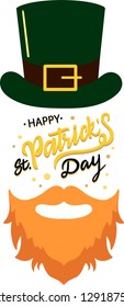 Vector illustration: Handwritten elegant modern brush lettering composition of Happy St. Patrick's Day on white background with illustration of a beard and a hat of a leprechaun.