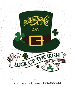Vector illustration: Handwritten elegant modern brush lettering composition of Happy St. Patrick's Day with illustration of a green hat of a leprechaun.