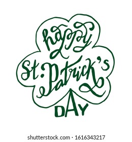 Vector illustration: Handwritten elegant modern brush lettering composition of Happy St. Patrick's Day on white background. Retro Style Emblems leaf clover. Typography. 