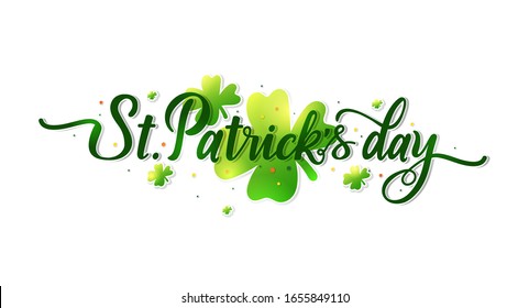 Vector illustration Handwritten elegant modern brush lettering composition of Happy St. Patrick's Day with cloverleaf on white background