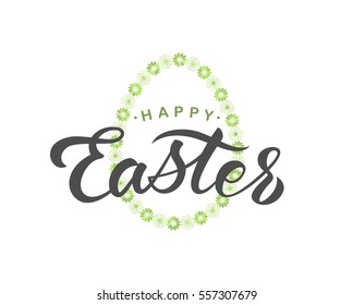 Vector illustration. Handwritten elegant modern brush lettering of Happy Easter on flowers egg background.