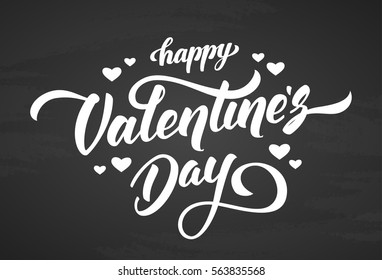 Vector illustration. Handwritten elegant modern brush lettering of Happy Valentines Day with hearts on chalkboard background.