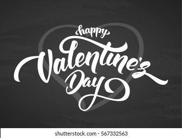 Vector illustration. Handwritten elegant modern brush lettering of Happy Valentines Day with doodle heart on chalkboard background.