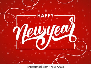 Vector illustration. Handwritten elegant modern brush type lettering of Happy New Year 2018 on red snowflakes background.