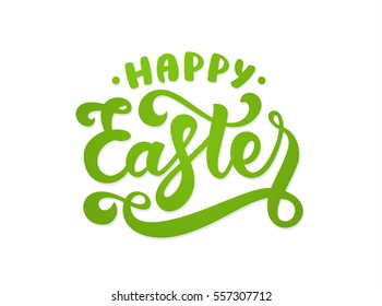 Vector illustration. Handwritten green elegant modern brush lettering of Happy Easter on white background.