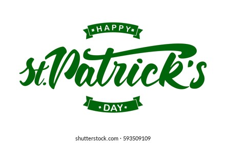 Vector illustration: Handwritten green elegant modern brush lettering emblem of Happy St. Patrick's Day. 