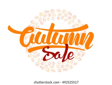 Vector illustration: Handwritten lettering of Autumn Sale and hand drawn round frame of  Fall leaf. Isolated on white background