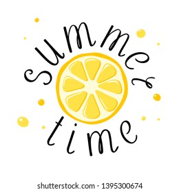 Vector illustration. Handwritten lettering composition of lemon with hand drawn brush inscription Summer time.
