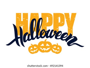 Vector illustration: Handwritten lettering composition with Happy Halloween and pumpkins isolated on white background.