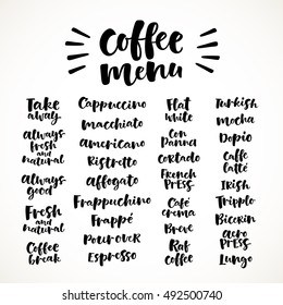 Vector illustration of handwritten lettering. Vector elements for coffee shop, market, cafe design, restaurant menu and recipes. Coffee types and brewing methods