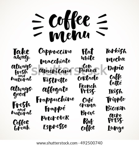 Vector illustration of handwritten lettering. Vector elements for coffee shop, market, cafe design, restaurant menu and recipes. Coffee types and brewing methods