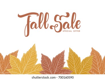 Vector illustration: Handwritten lettering of Fall Sale on hand drawn autumn leaves background