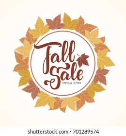 Vector illustration: Handwritten lettering of Fall Sale on hand drawn autumn leaves background