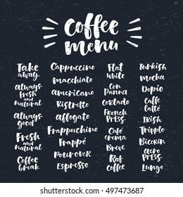 Vector illustration with handwritten lettering. Graphic elements for coffee shop, market, cafe design, restaurant menu and recipes. Coffee types and brewing methods