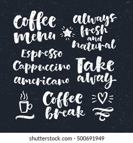Vector illustration with handwritten lettering. Graphic elements for coffee shop, market, cafe design, restaurant menu and recipes. Coffee types and brewing methods