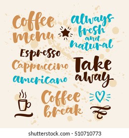 Vector illustration with handwritten lettering. Graphic elements for coffee shop, market, cafe design, restaurant menu and recipes. Coffee types and brewing methods. Brush modern calligraphy