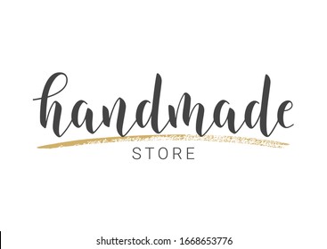  Ilustración vectorial. Letras manuscritas de la tienda hecha a mano. Plantilla para Banner, Tarjeta, Etiqueta, Postal, Cartel, Pegatina, Imprimir o Producto Web. Objetos aislados en fondo blanco.