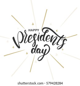 Vector illustration: Handwritten lettering of Happy Presidents Day with rays on white background.