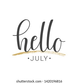 Vector illustration. Handwritten lettering of Hello July. Objects isolated on white background.