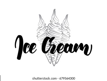 Vector illustration: Handwritten lettering of Ice Cream with Hand drawn cone. Sketch line design.