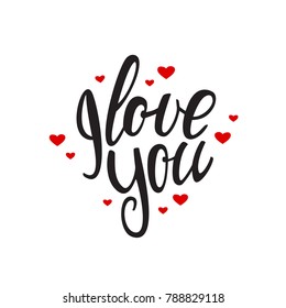 Vector illustration: Handwritten lettering of I Love You with hearts on white background