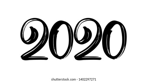 Vector illustration: Handwritten  lettering numbers of 2020. Happy New Year. Chines calligraphy