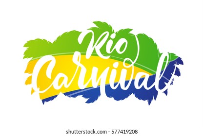 Vector illustration: Handwritten lettering of Rio Carnival on background of Brazilian colors.