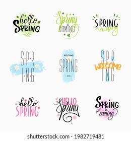 Vector illustration with handwritten lettering of spring greetings, green, pink, blue decor. Set of calligraphic compositions. Motivational text presentation, design for postcards, mailings, messages