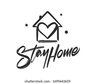 Vector illustration: Handwritten lettering of Stay Home with hand drawn house, heart and viruses. Stop epidemic