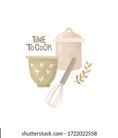 Vector illustration and handwritten lettering time to cook. Bowl, whisk and jar with flour, kitchen utensils. Cooking, crepes, homemade breakfasts. Sticker design, illustration on a white background.