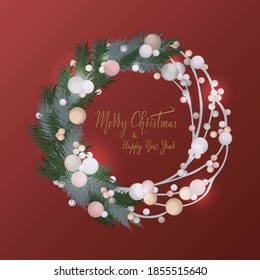 Vector illustration of handwritten Merry Christmas and Happy New Year greeting cards on background of Christmas wreath with wicker. Logo, icon. Typography associated with the winter holidays.