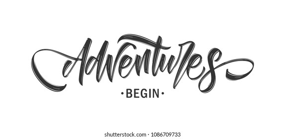 Vector illustration: Handwritten Modern brush lettering composition of Adventures Begin