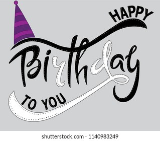 Vector illustration: Handwritten modern brush lettering of Happy Birthday on violet background. Typography design. Greetings card.