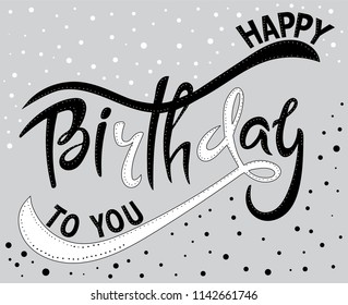 Vector illustration: Handwritten modern brush lettering of Happy Birthday on violet background. Typography design. Greetings card.