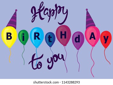 Vector illustration: Handwritten modern brush lettering of Happy Birthday on violet background. Typography design. Greetings card.