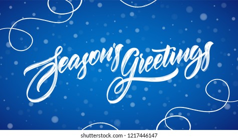 Vector illustration. Handwritten modern brush typy lettering of Season's Greetings on blue snowflakes background.