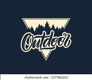 Vector illustration: Handwritten Modern brush lettering composition of Outdoor adventure with silhouette of pine forest 