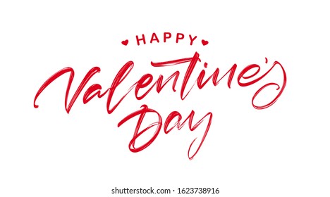 Vector illustration. Handwritten modern brush textured lettering of Happy Valentines Day with hearts isolated on white background.
