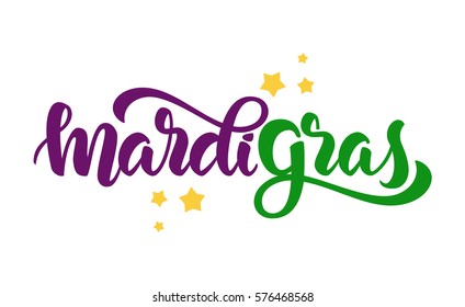 Vector illustration: Handwritten modern brush lettering of Mardi Gras with stars on white background